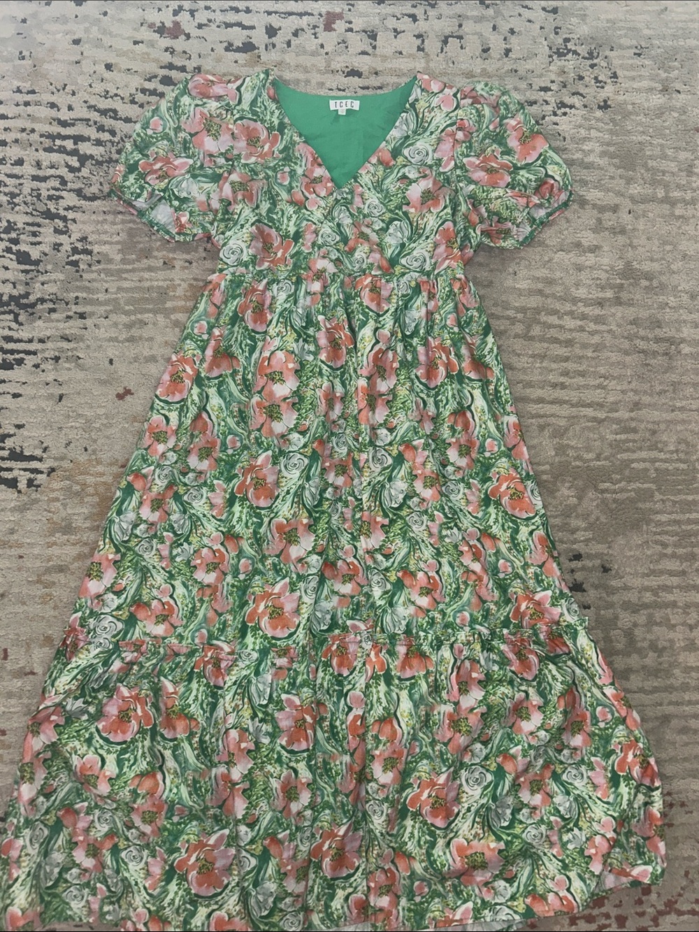 TCEC Green Midi Dress with Pink Floral Print